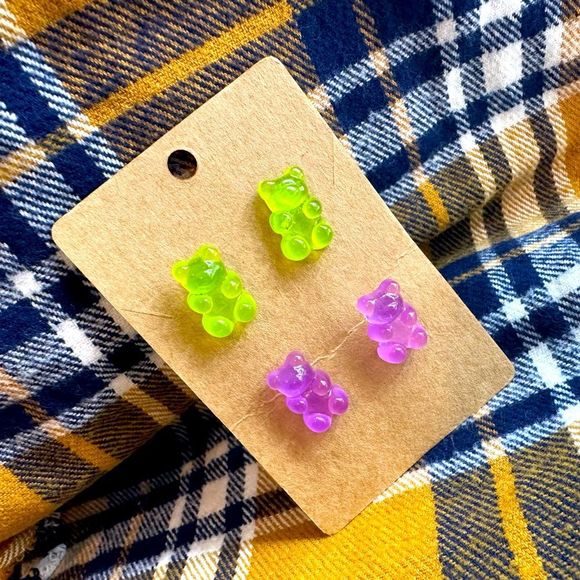 Handmade Jewelry - 90’s Kids Throwback Purple & Green Gummy Bear Stud Earrings